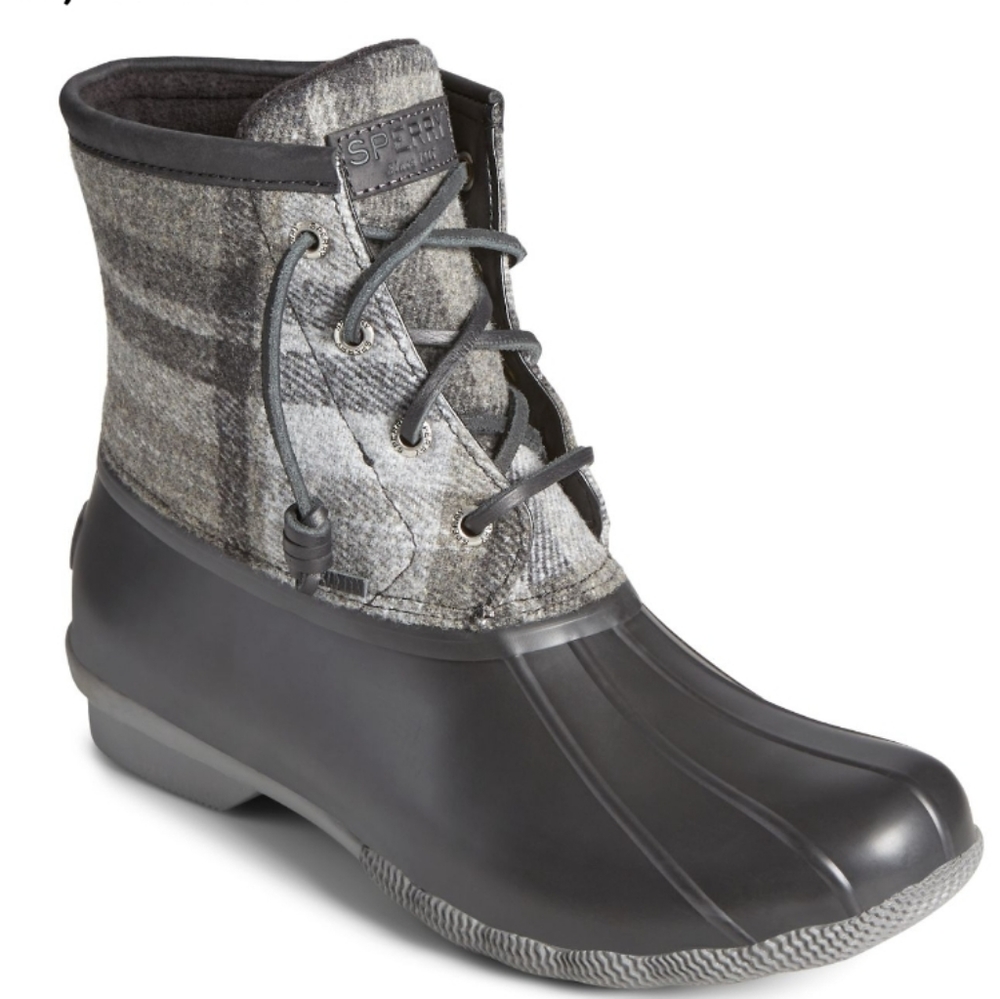 Sperry Saltwater Plaid Wool Duck Boot, Charcoal, size 9